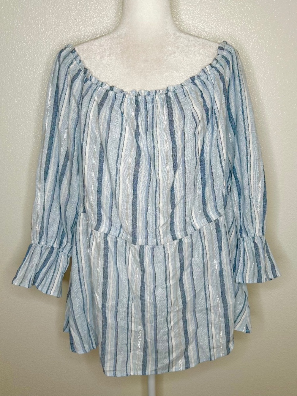 New Lane Bryant Womens Blue Striped Linen Off The Shoulder Top Size 22/24 NWT